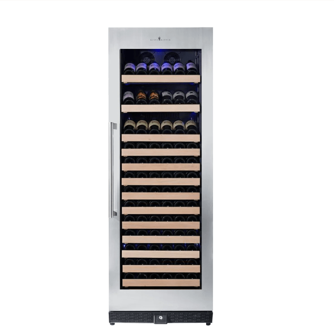 KingsBottle Tall Wine Cooler Refrigerator Drinks Cabinet with Stainless Steel Trim, SS, LHH - front view with wine inside