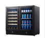 Black wine and beverage cooler with Pepsi cans and bottles inside on a white background