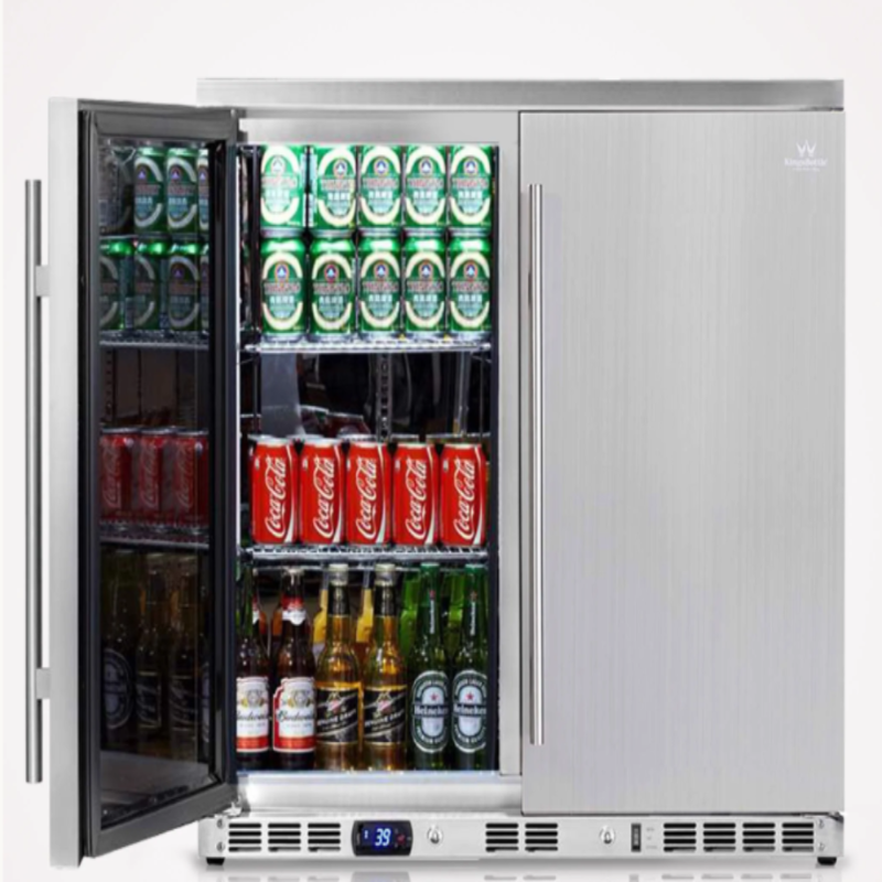 Kingsbottle 36 Inch Outdoor Beverage Refrigerator 2 Door For Home - one door open showing bottles and cans