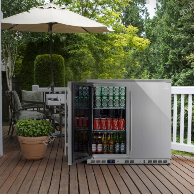 Kingsbottle 36 Inch Outdoor Beverage Refrigerator 2 Door For Home - freestanding on a patio