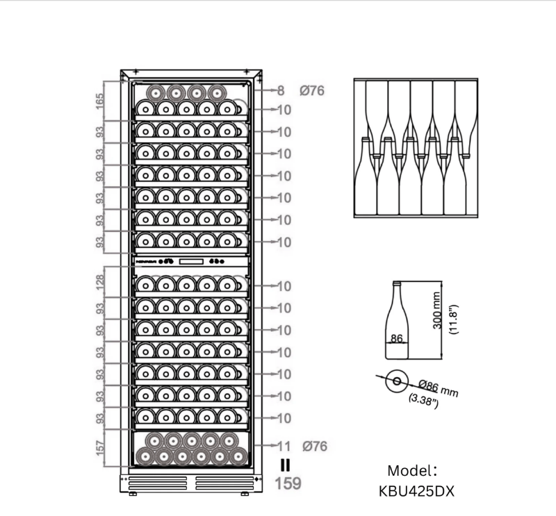 Technical drawing showing wine bottle capacity of a wine fridge