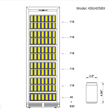 Kingsbottle Large Beverage Refrigerator With Low-E Glass Door, BLK, LHH - diagram of can count