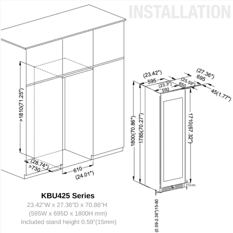 Kingsbottle Large Beverage Refrigerator With Low-E Glass Door, BLK, RHH - installation diagram