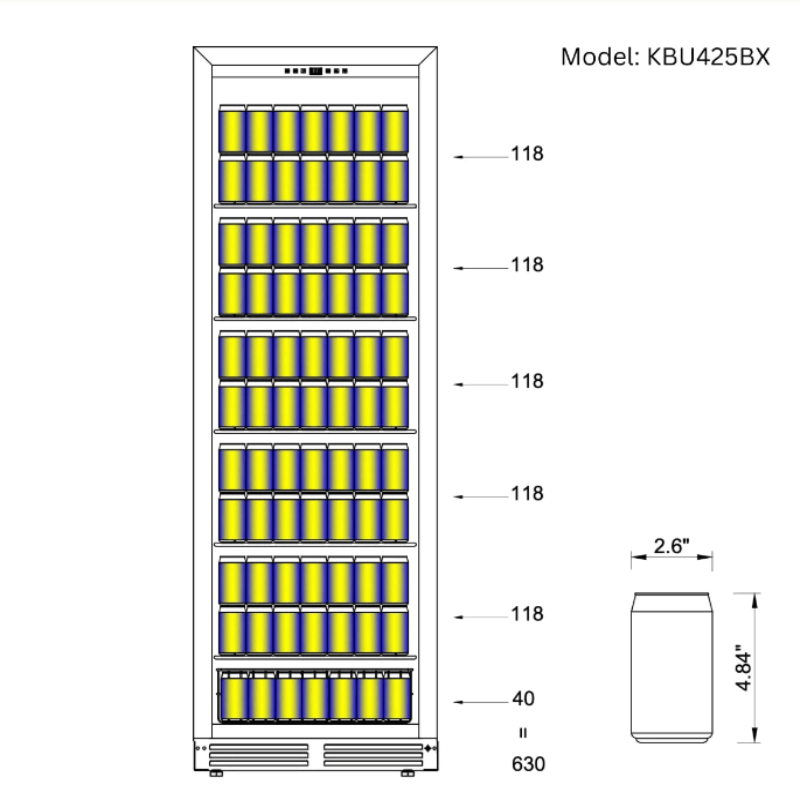 Kingsbottle Large Beverage Refrigerator With Low-E Glass Door, BLK, RHH - diagram of can count