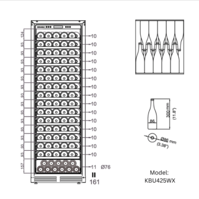 Kingsbottle Upright Single Zone Large Wine Cooler With Low-E Glass Door LHH - diagram of bottle count