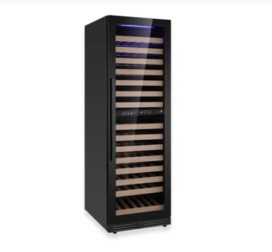 Black wine cooler with glass door on a white background