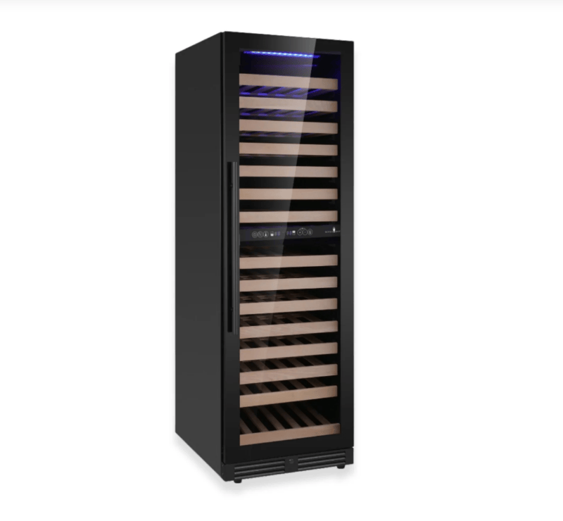 Black wine cooler with glass door on a white background