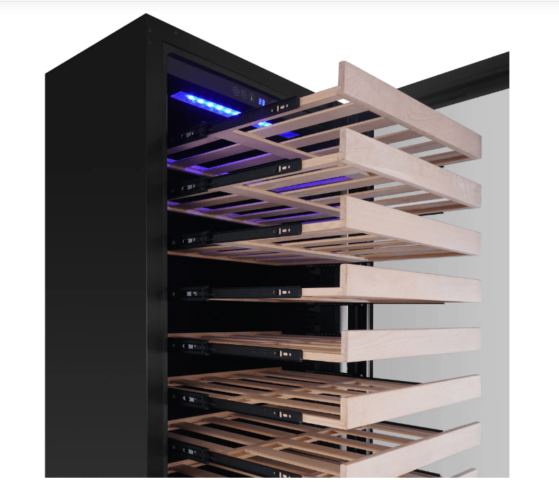 Wine cooler with wooden shelves on a white background