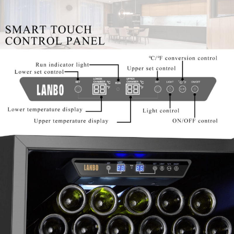 LANBO 138 BOTTLE DUAL ZONE WINE COOLER, SS, RHH - smart touch control panel