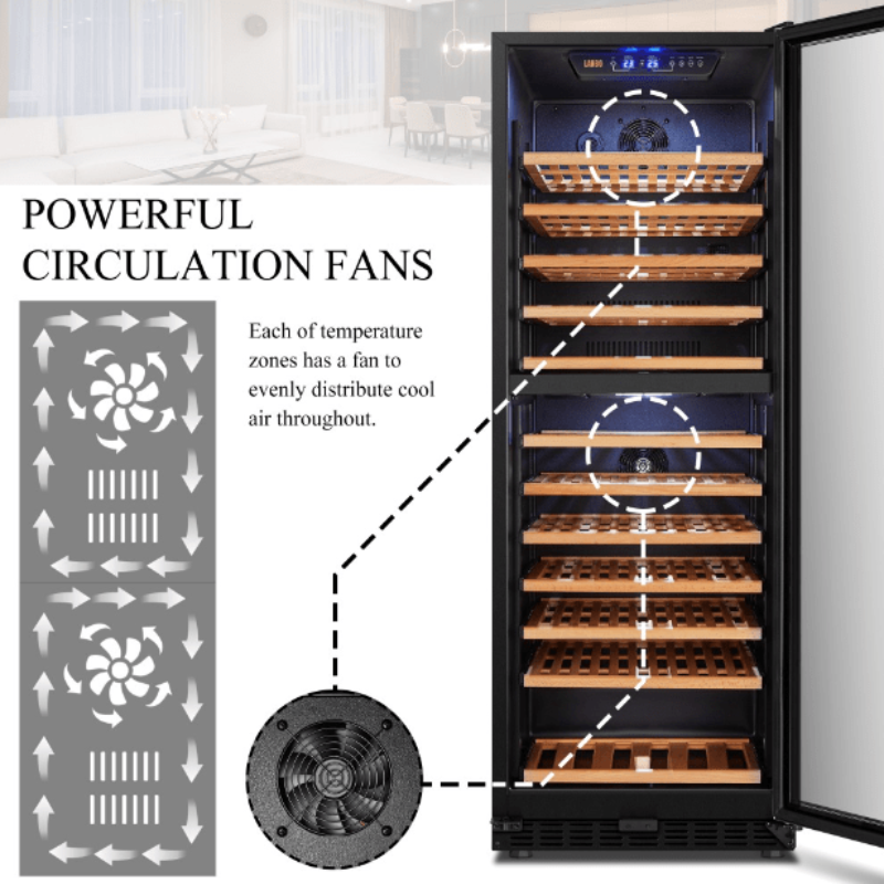 LANBO 138 BOTTLE DUAL ZONE WINE COOLER, SS, RHH - powerful circulation fans