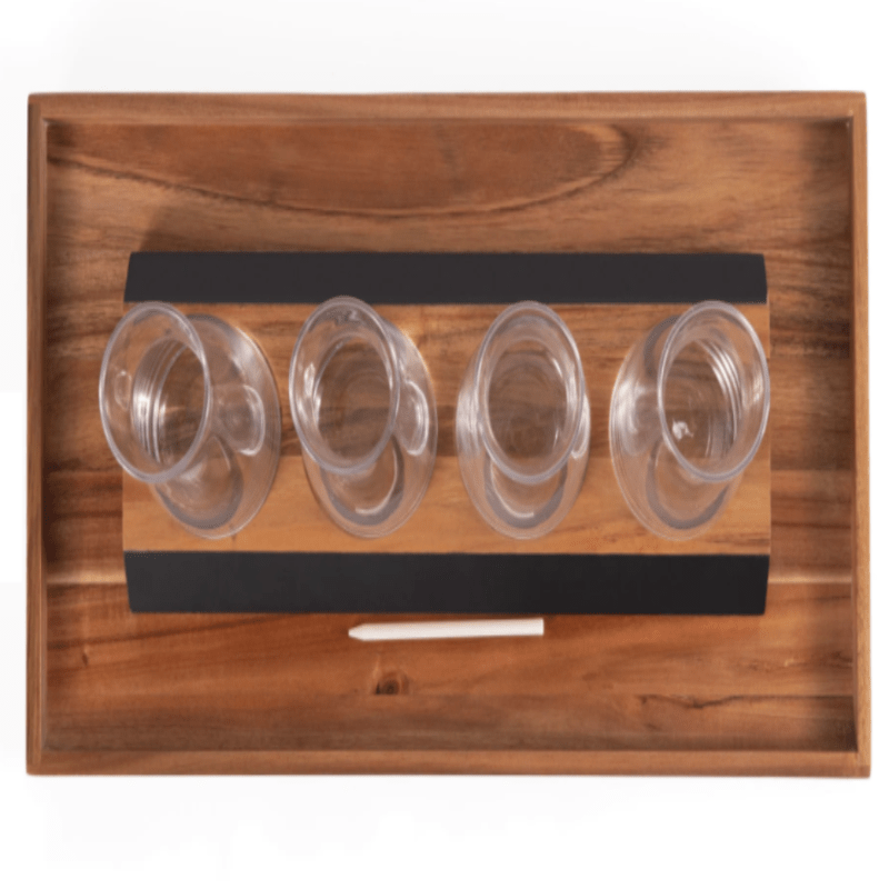 Cava Wine Tasting Kit - showing an above view of the tray with 4 carafes, chalk, and a chalkboard