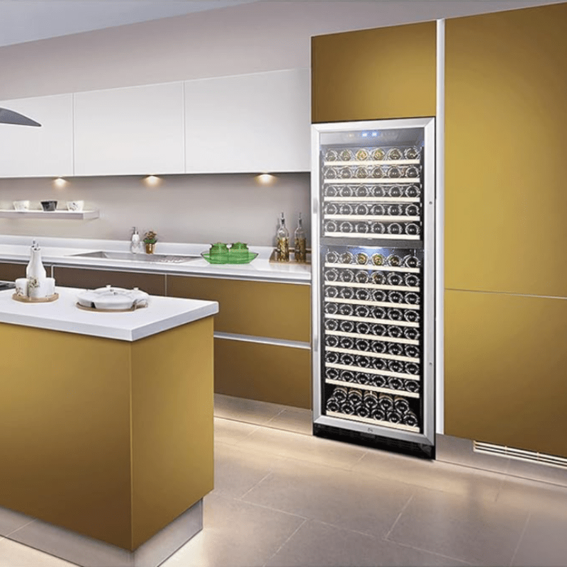 Lanbo 160 Bottle Dual Zone Wine Cooler, Reversible Hinge - built into wall in modern kitchen