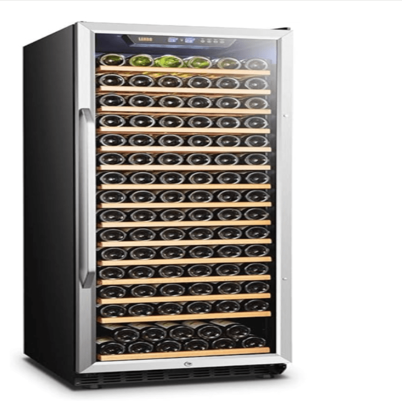 Lanbo 171 Bottle Single Zone Wine Cooler, SS, RHH - front view bottles inside