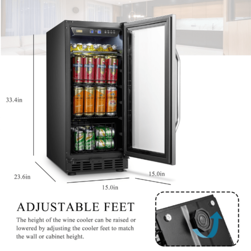 Lanbo 70 Can Beverage Refrigerator, SS, RHH - adjustable feet