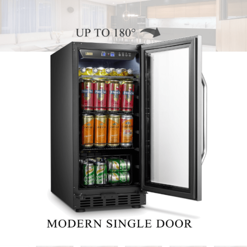 Lanbo 70 Can Beverage Refrigerator, SS, RHH - door open showing cans inside