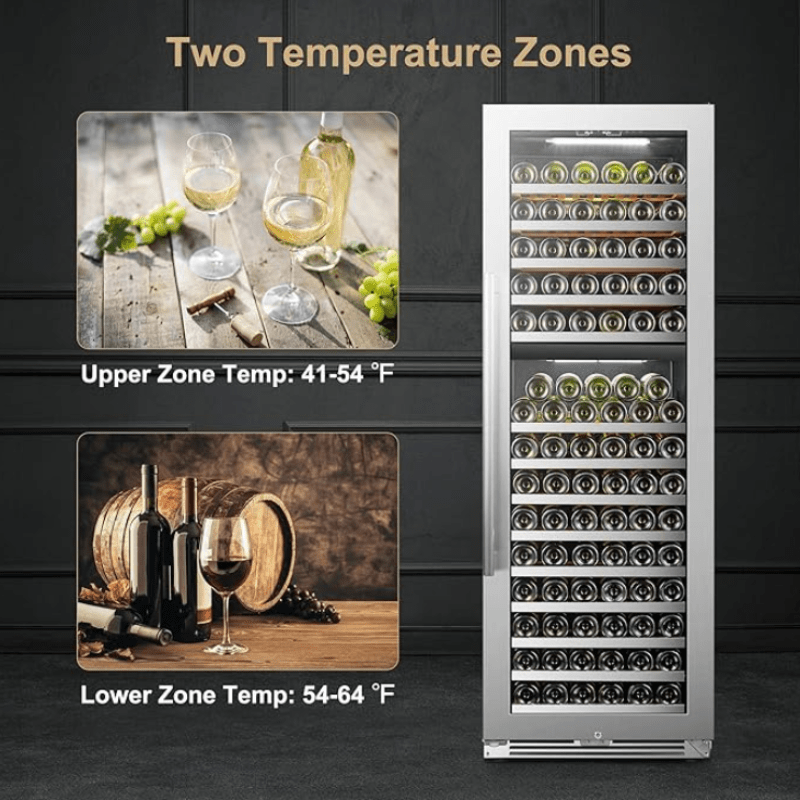 LanboPro 153 Bottle Dual Zone Wine Cooler with Stainless Steel Trim - two temp zones, upper and lower