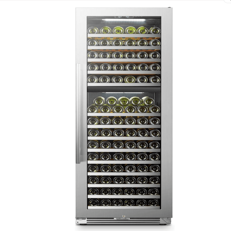 LanboPro 153 Bottle Dual Zone Wine Cooler with Stainless Steel Trim - front view with bottles inside