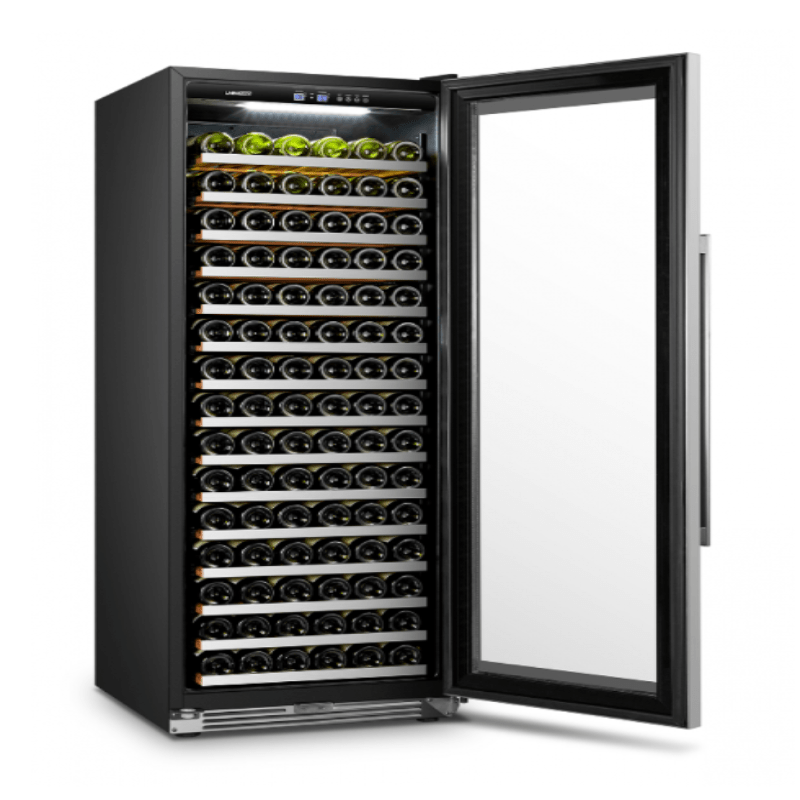 LanboPro 164 Bottle Single Zone Wine Cooler with Stainless Steel Trim and Right Hand Hinge - front view with door fully open