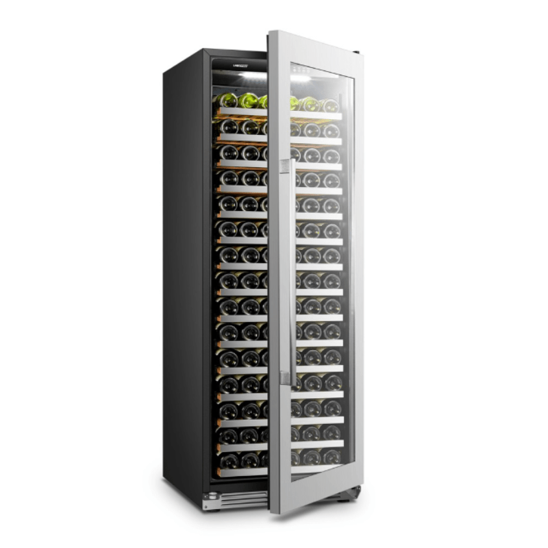 LanboPro 164 Bottle Single Zone Wine Cooler with Stainless Steel Trim and Right Hand Hinge - front view with door partially open