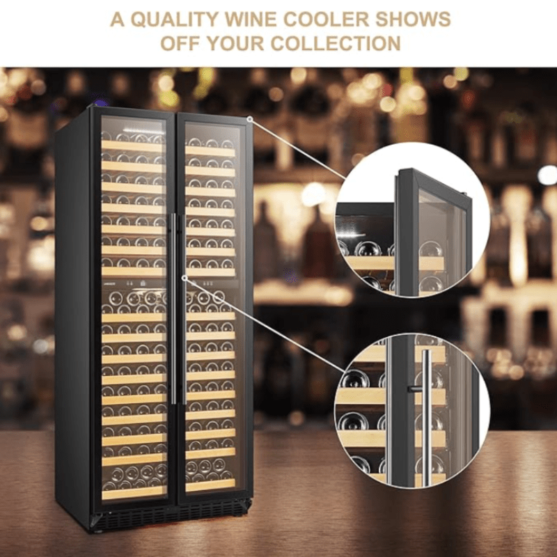 LanboPro 287 Bottle Dual Door Wine Cooler - front and door open view showing wine bottles inside