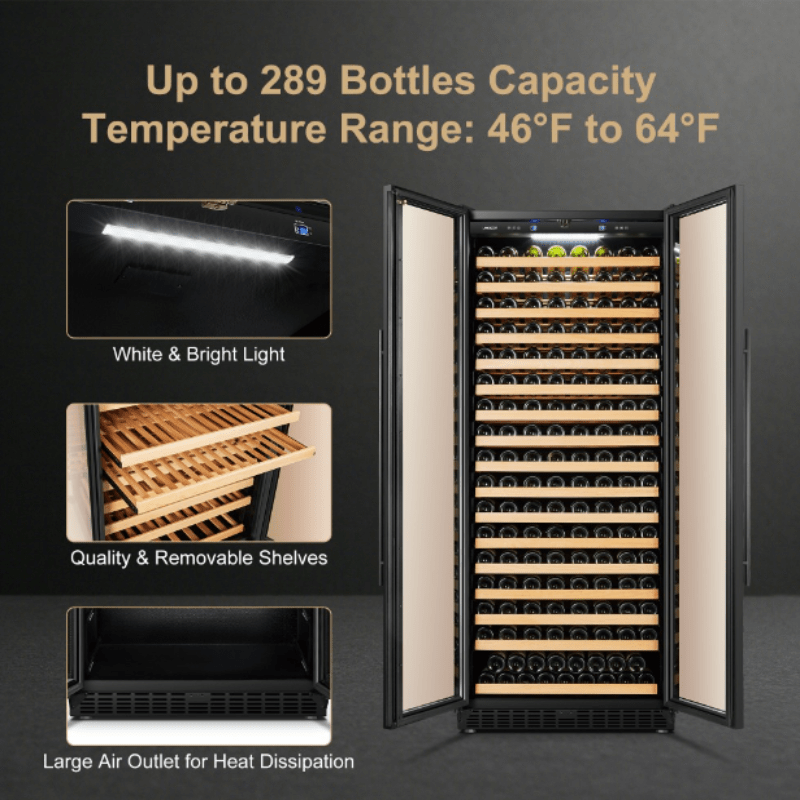 LanboPro 289 Bottle Single Zone Wine Cooler - doors open and bottle capacity