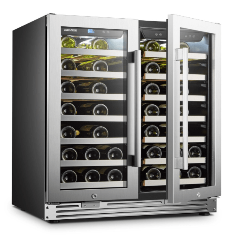 LanboPro 62 Bottle Dual Door Dual Zone Wine Cooler with Stainless Steel Trim - front view with one door open