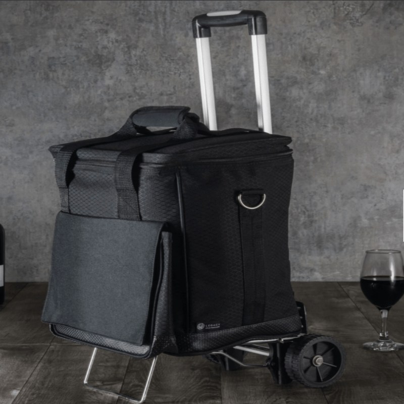 Legacy Barware Cellar 6-Bottle Wine Carrier & Cooler Tote with Trolley - carrier on trolley with wine glass beside it