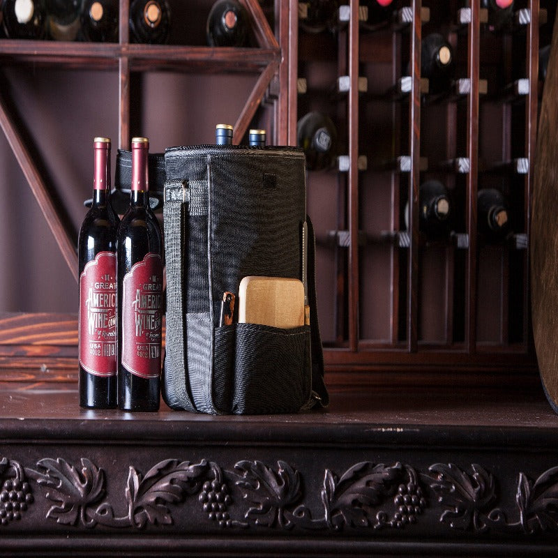 Legacy Barware Duet Wine & Cheese Tote - Black - tote and wine inside a wine cellar