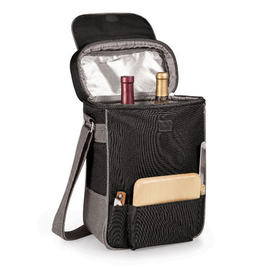 Legacy Barware Duet Wine & Cheese Tote - Black - tote open with bottles of wine inside