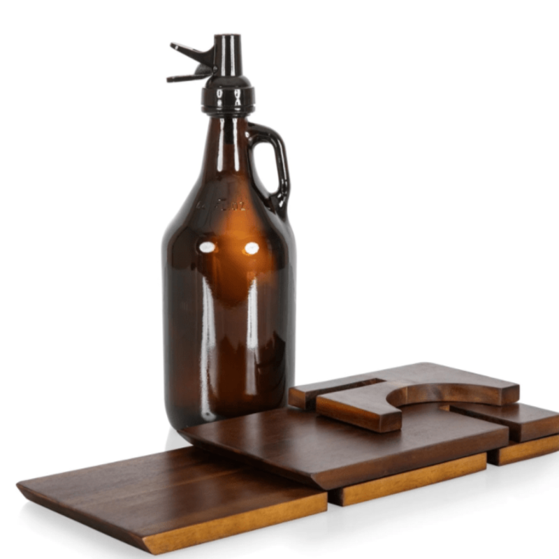 Legacy Barware Growler Stand with 64 oz Glass Growler - stand collapsed with growler sitting on top