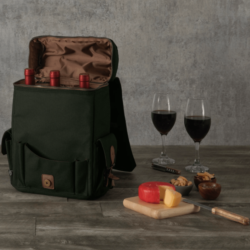 Legacy Barware Moreno 3-Bottle Wine & Cheese Tote - Khaki Green - With wine inside the bag