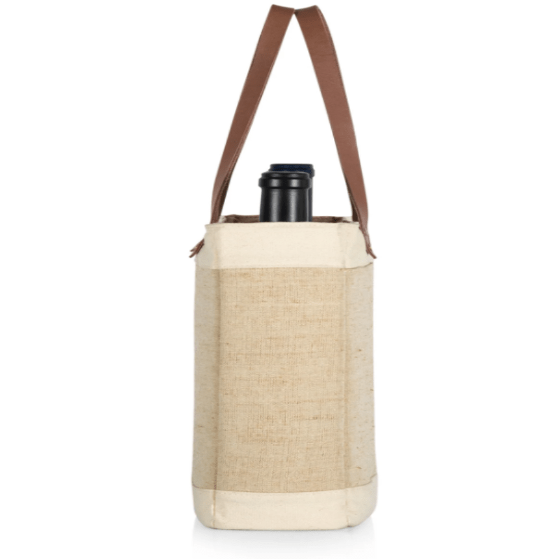 Legacy Barware Pinot Jute 3 Bottle Insulated Wine Bag - Side View of Wine Bag with Wine Bottle Inside