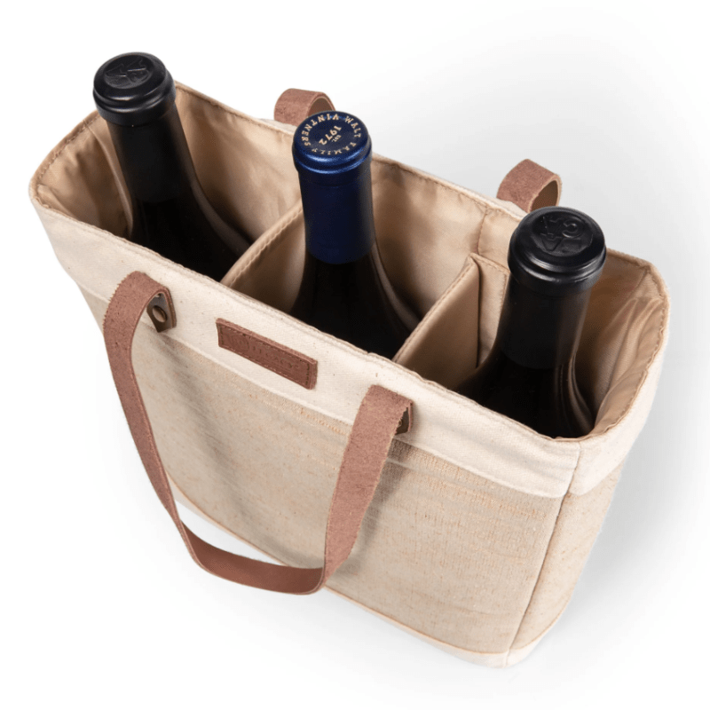 Legacy Barware Pinot Jute 3 Bottle Insulated Wine Bag - Top view of Wine Bag with Three Wine Bottle Inside