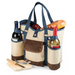 Legacy Barware Wine Country Wine & Cheese Picnic Tote - Beige Canvas with Navy Blue & Brown Accents - With two wine Bottle, Bread and Fruits in the Wine Bag