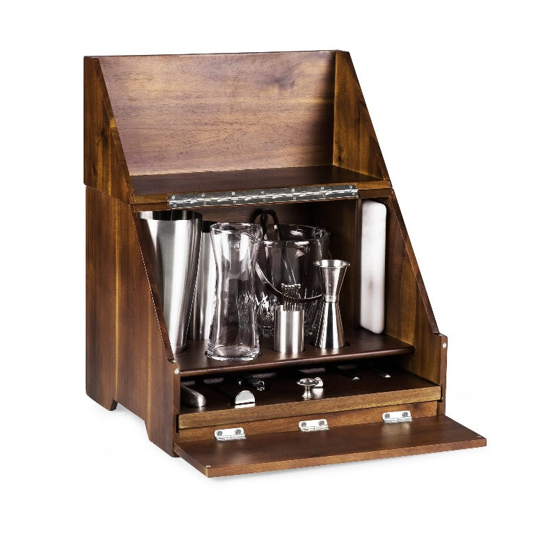 Legacy Madison Acacia Tabletop Bar Set - tabletop bar open with accessories inside