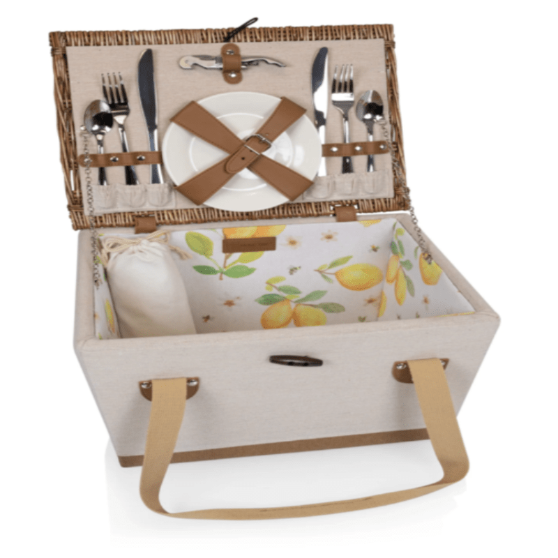 Picnic Time Lemongrove Picnic Basket for 2 - Bees & Lemons - basket open showing plates and utensils