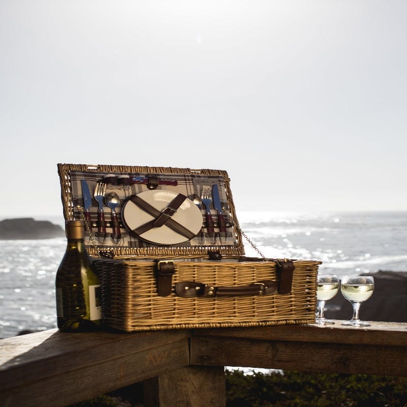 Picnic Time Bristol Picnic Basket - Navy Blue & Burgundy Plaid Pattern - Bristol Basket beside with Wine Bottle