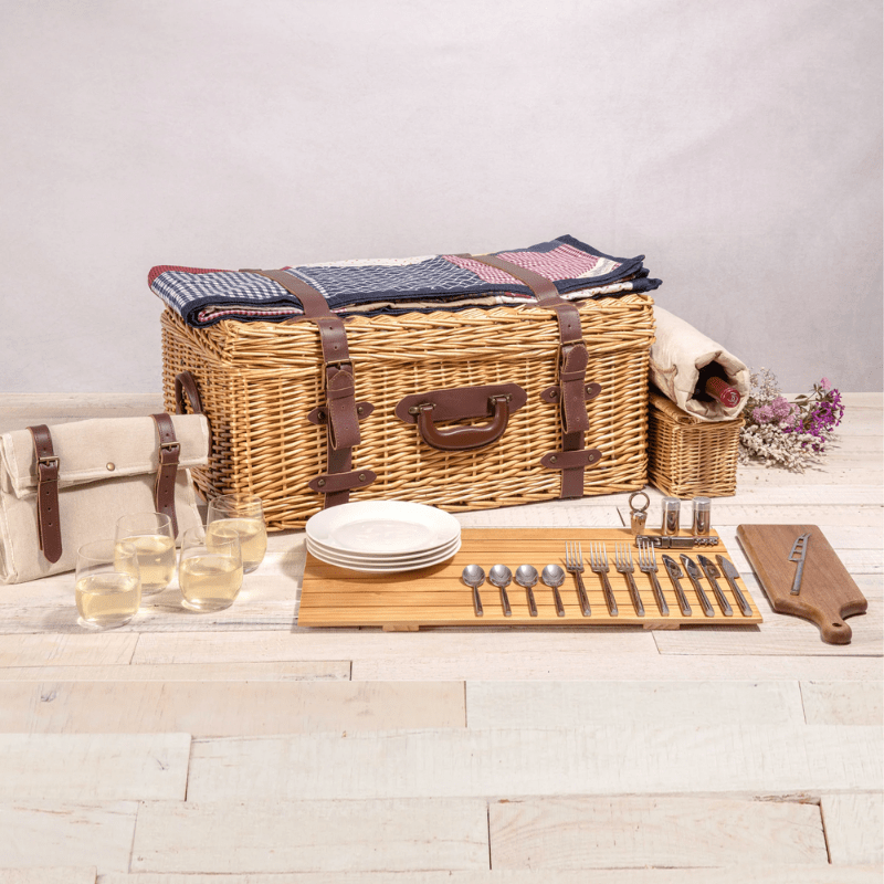 Picnic Time Charleston Picnic Basket - Beige Canvas - Closed view of picnic basket with accessories