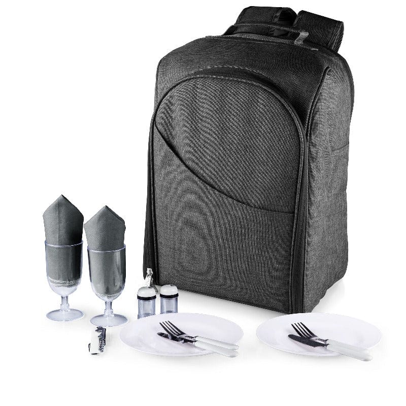 Picnic Time Colorado Picnic Cooler Backpack - Gray - Front View with utensils and glasses