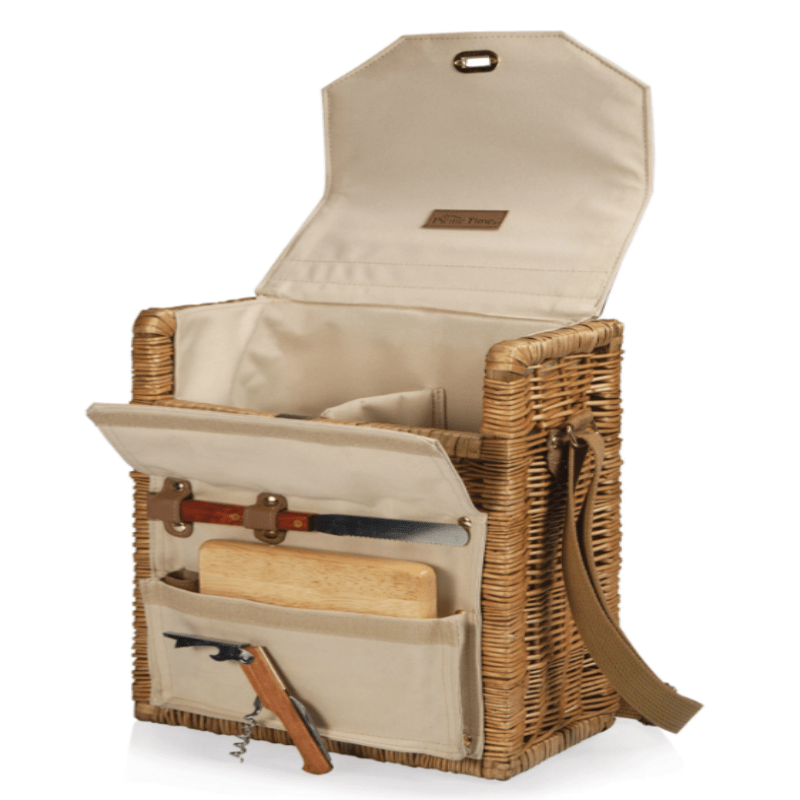 Picnic Time Corsica Wine and Cheese Picnic Basket - wine basket open showing corkscrew, cheese board, and knife