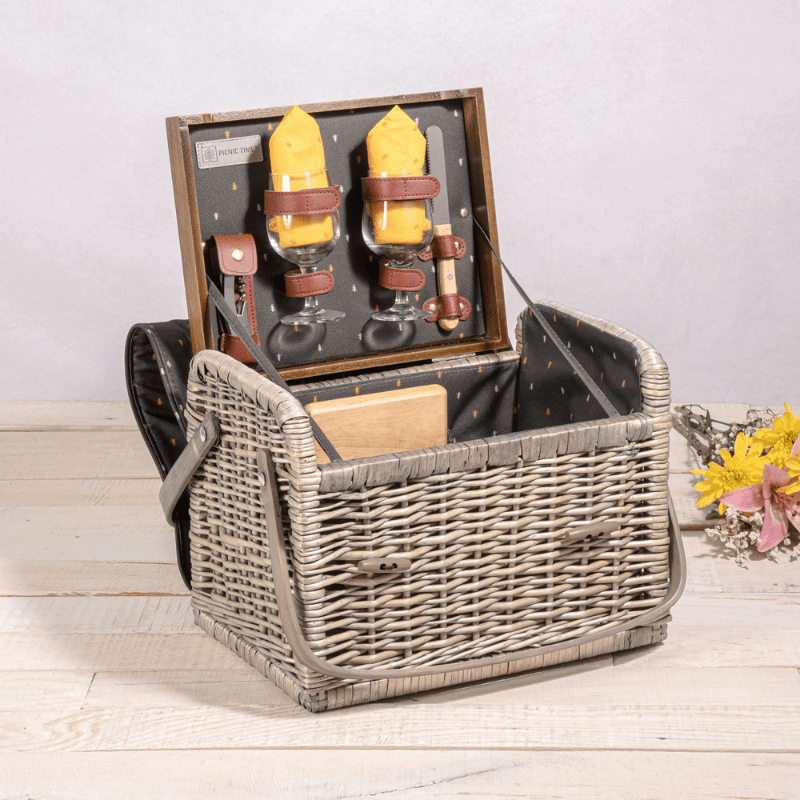 Picnic Time Kabrio Wine & Cheese Picnic Basket - Gray with Gold Accents - Open view