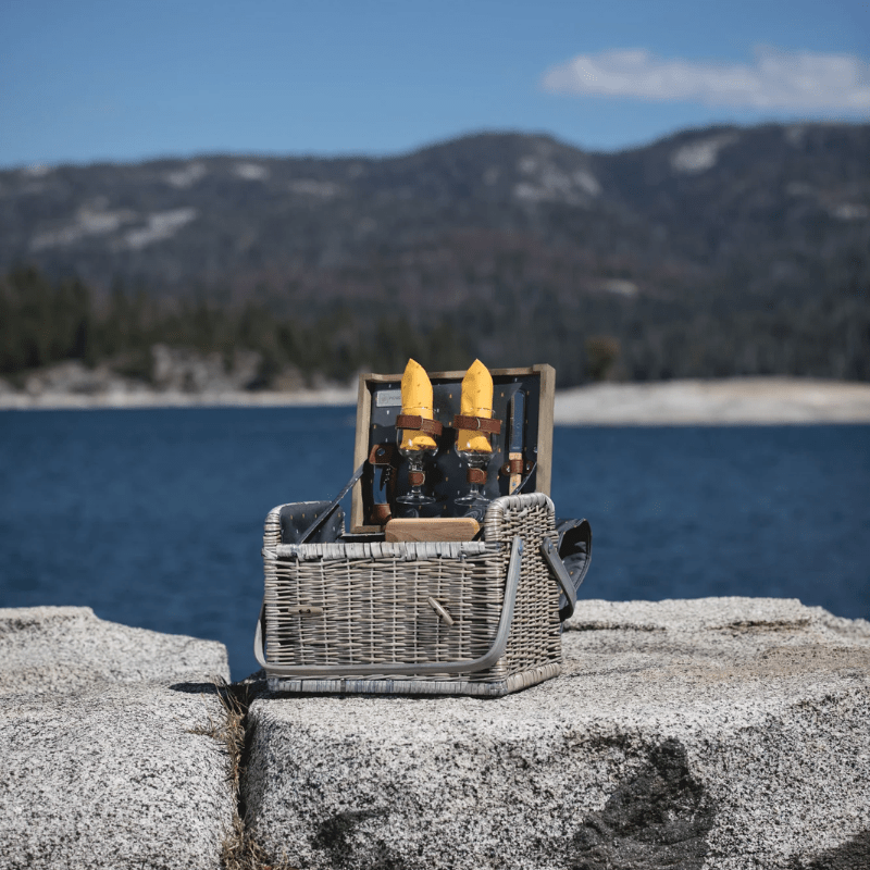 Picnic Time Kabrio Wine & Cheese Picnic Basket - Gray with Gold Accents - Perfect for Outdoor picnic - basket beside a lake