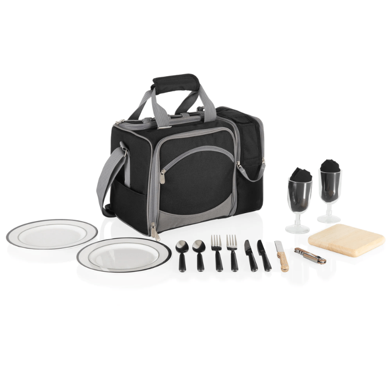 Picnic Time Malibu Picnic Basket Cooler - Black with Gray Accents - Front view of the Picnic bag with utensils beside