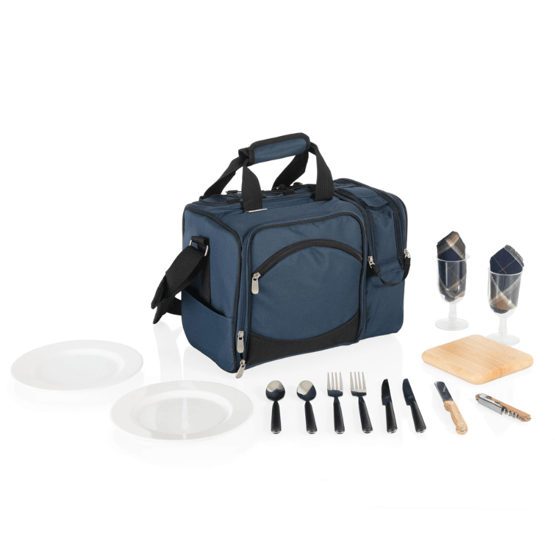 Picnic Time Malibu Picnic Basket Cooler - Navy Blue with Black Accents - Front view of the Picnic Bag with utensils beside it