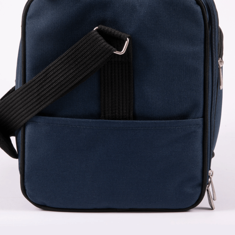 Picnic Time Malibu Picnic Basket Cooler - Navy Blue with Black Accents - Side view of the picnic bag