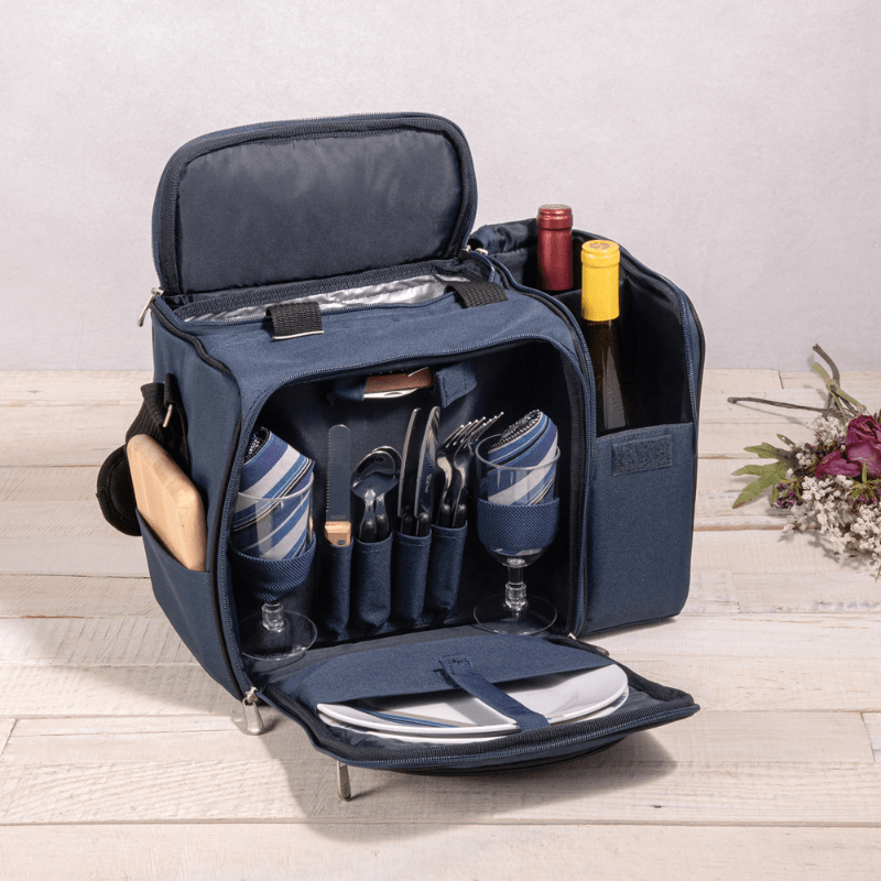 Picnic Time Malibu Picnic Basket Cooler - Navy Blue with Black Accents - Open view of the picnic bag with two wine bottles in it