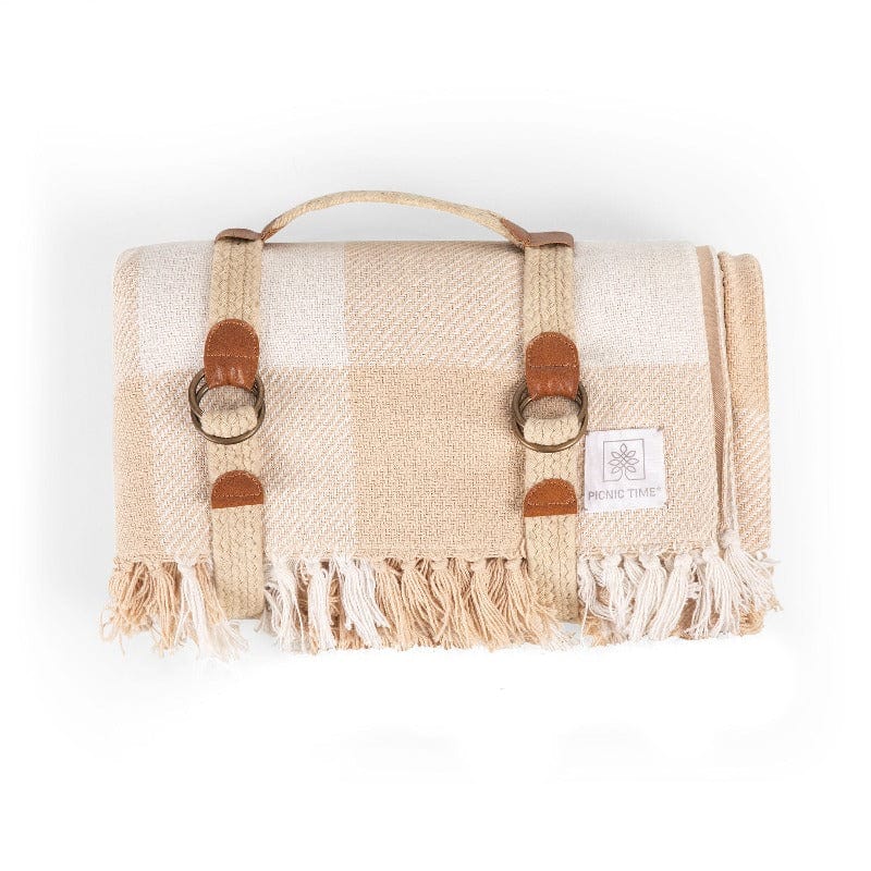 Picnic Time Montecito Picnic Blanket with Harness - Beige Gingham - picnic blanket rolled up