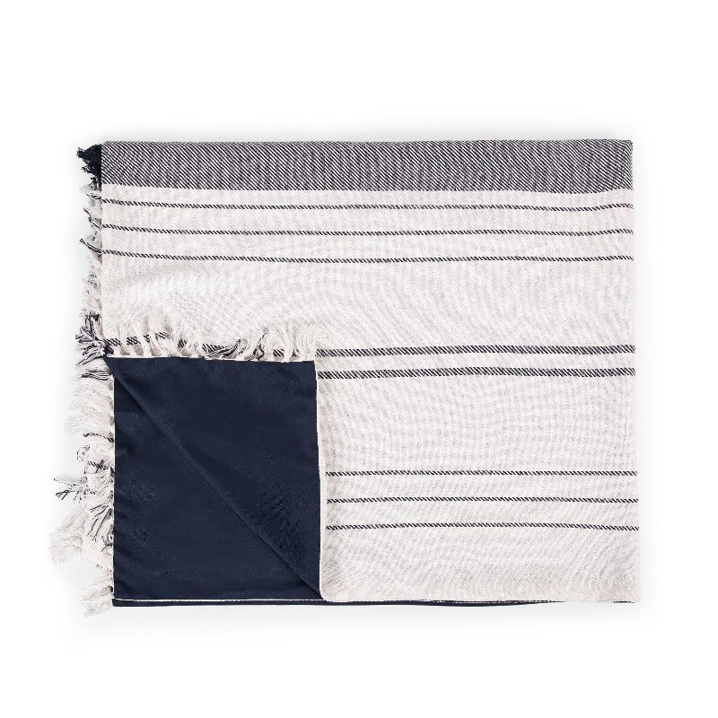 Picnic Time Montecito Picnic Blanket with Harness - White & Blue Stripe - both sides of blanket