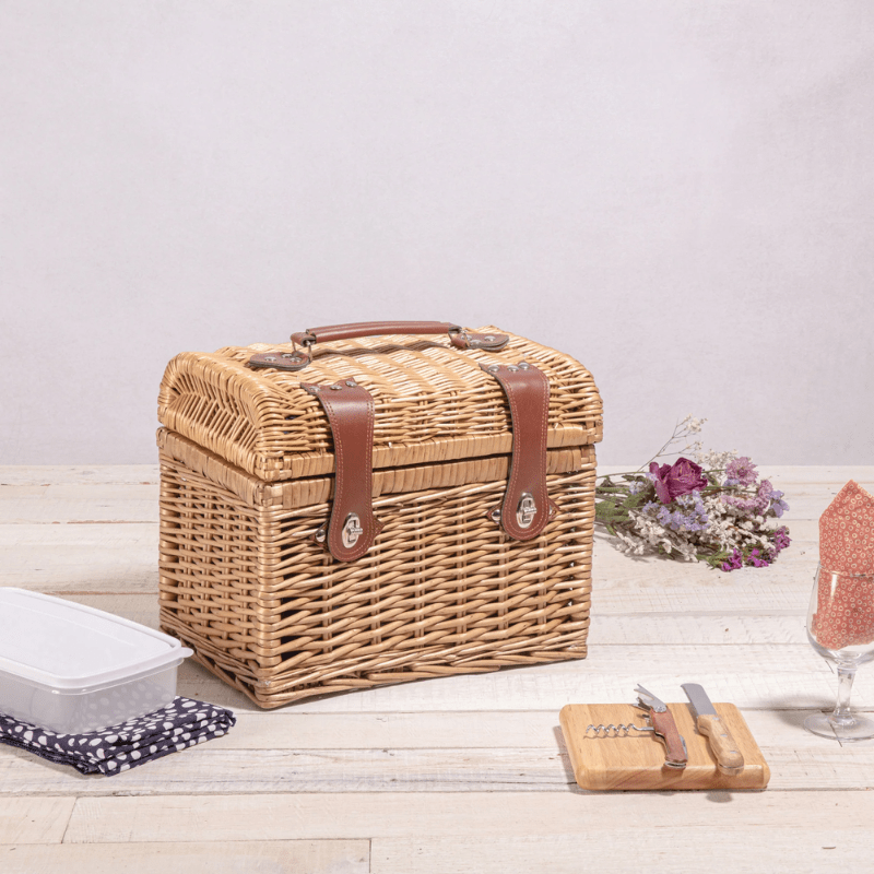 Picnic Time Napa Wine & Cheese Picnic Basket - Adeline Collection - Deep Purple with Coral Pattern - Closed view of picnic basket