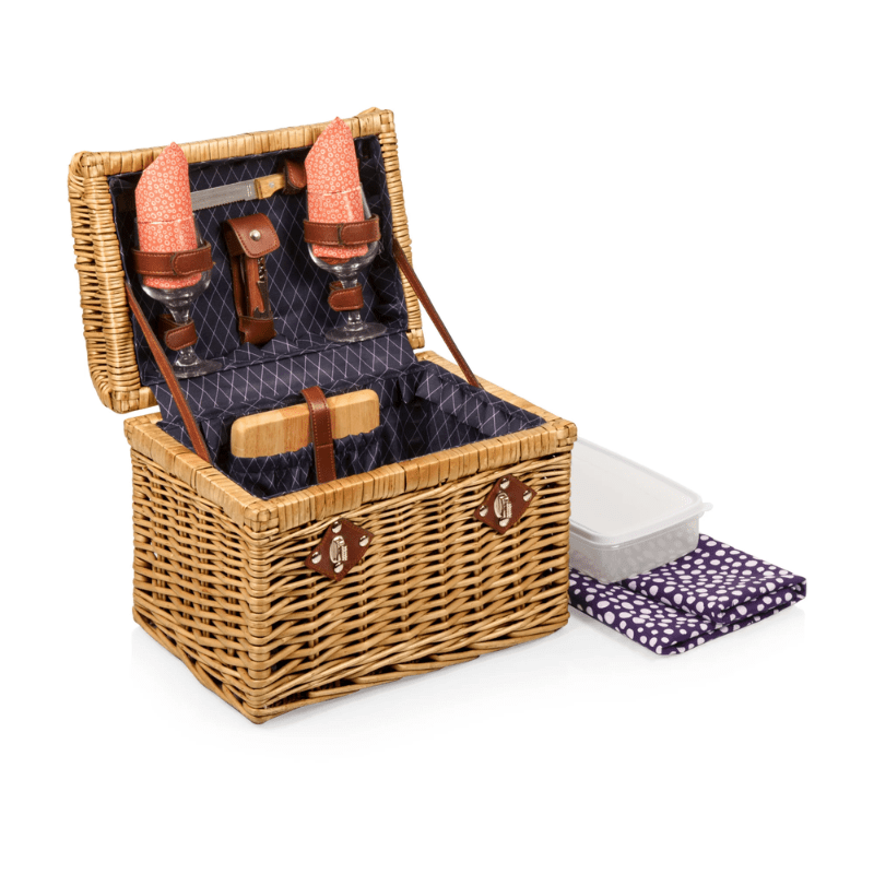 Picnic Time Napa Wine & Cheese Picnic Basket - Adeline Collection - Deep Purple with Coral Pattern - Open view of picnic basket